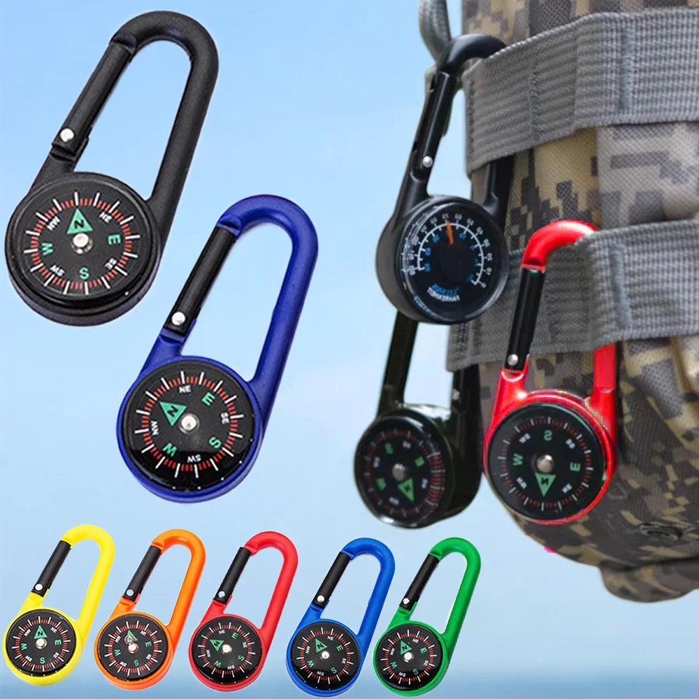 Mini compass carabiner keychain from FanzyMarket, ideal for camping, hiking, and outdoor adventures, attaches to backpacks easily.