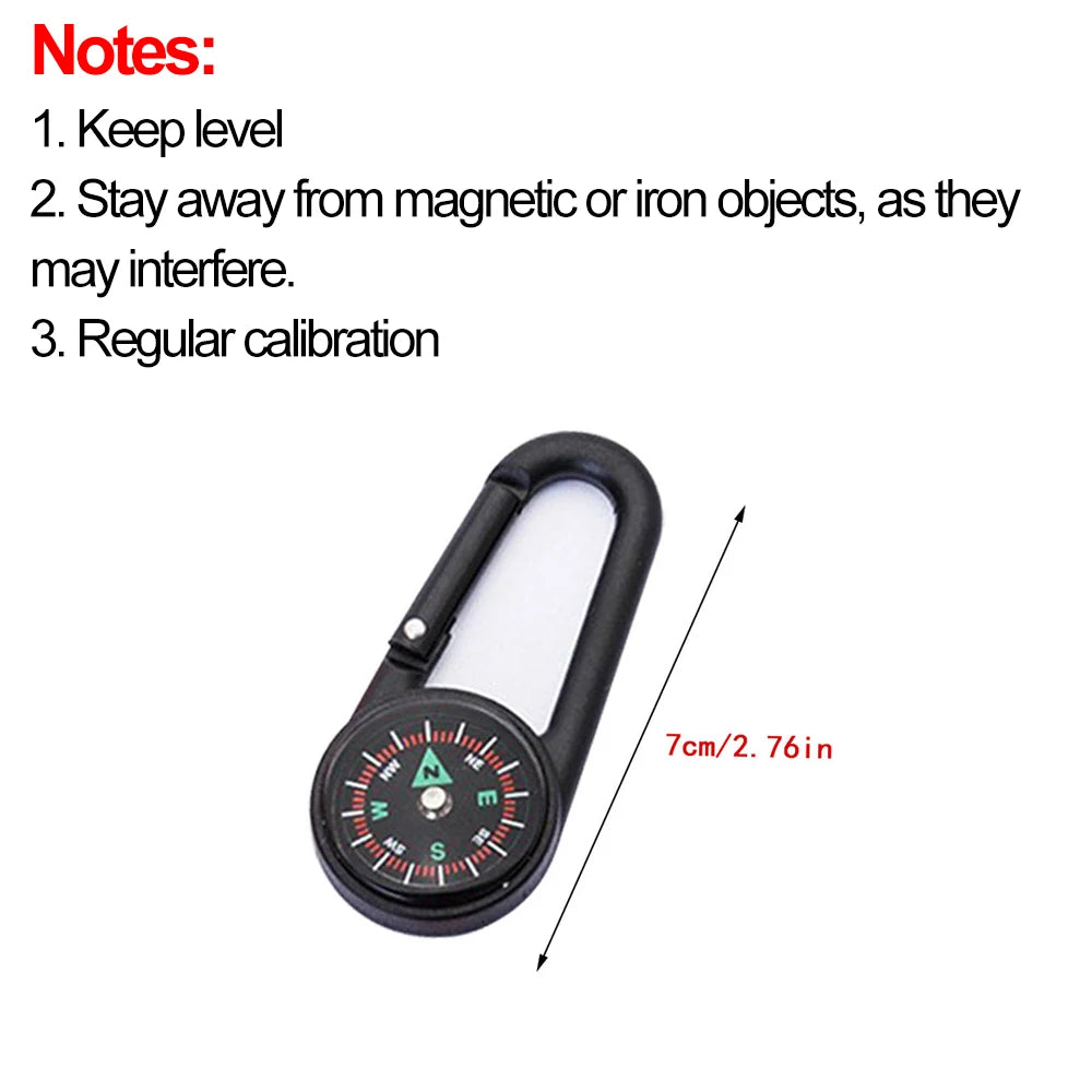 Mini FanzyMarket compass carabiner keychain for camping and hiking, durable outdoor backpack buckle and survival tool.