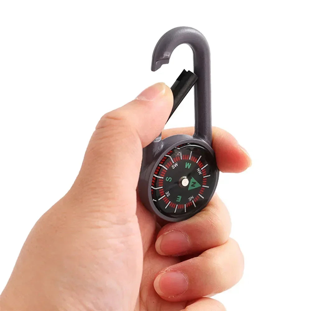 FanzyMarket mini compass carabiner keychain with outdoor black finish, ideal for camping, hiking, and outdoor adventures.