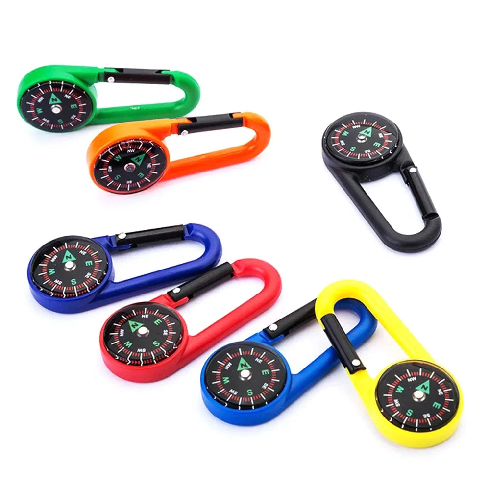 FanzyMarket mini compass carabiner keychain with outdoor black finish, ideal for camping, hiking, and outdoor survival activities.