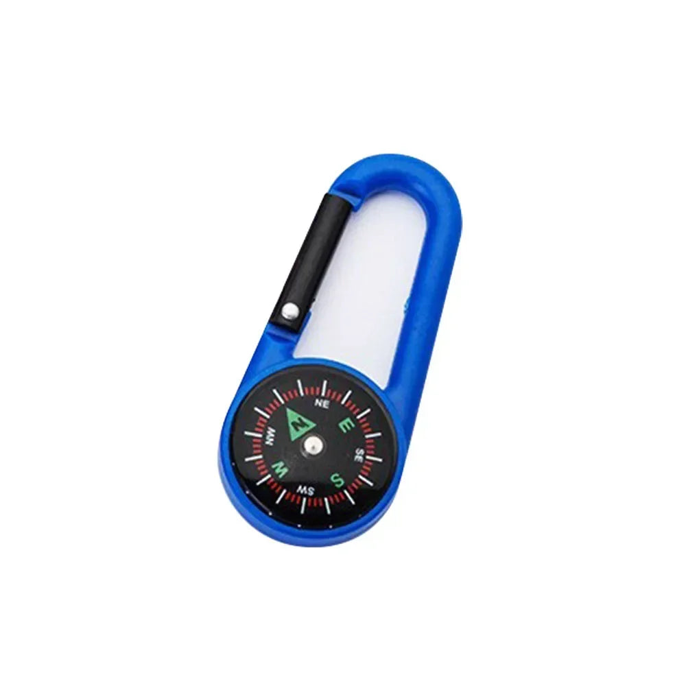 FanzyMarket mini compass carabiner keychain for camping and hiking, attaches to backpacks, with survival and outdoor adventure features.
