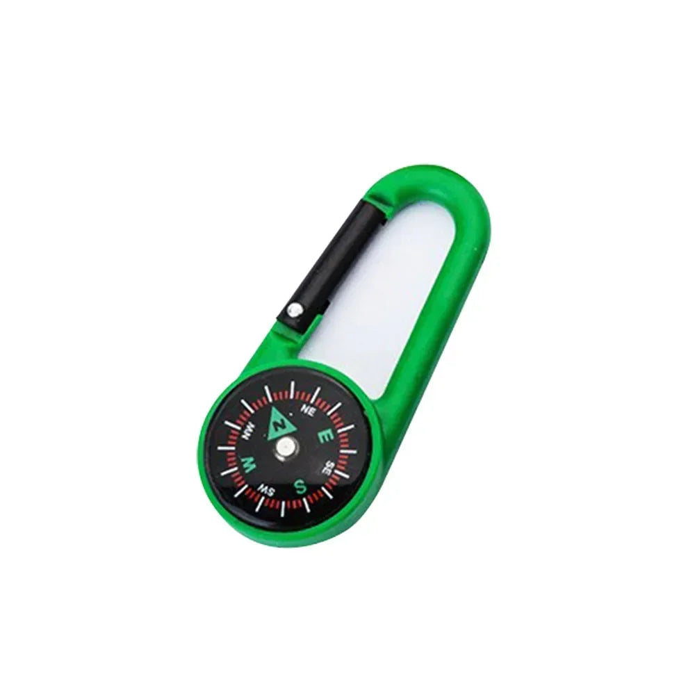 Mini compass carabiner keychain from FanzyMarket, ideal for camping, hiking, and outdoor adventures, featuring a durable metal buckle.