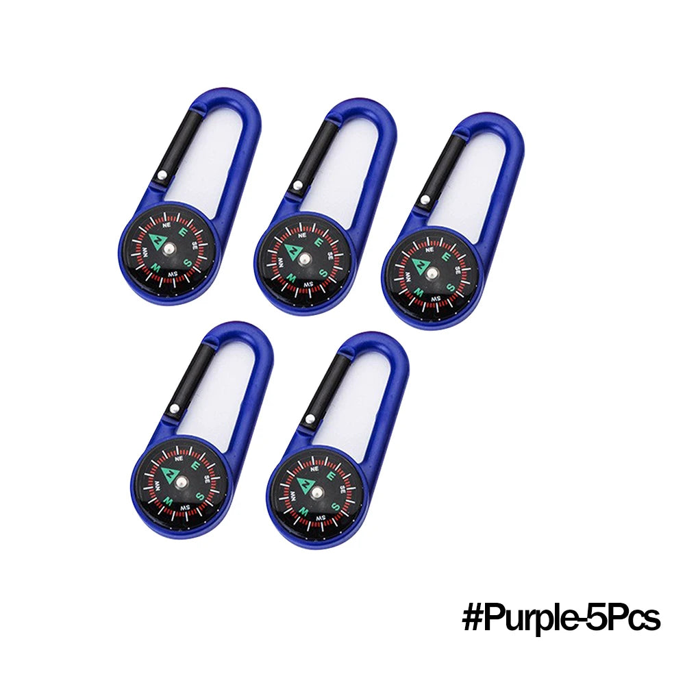 Mini compass carabiner keychain from FanzyMarket, perfect for camping, hiking, and outdoor adventures, attaches to backpacks easily.