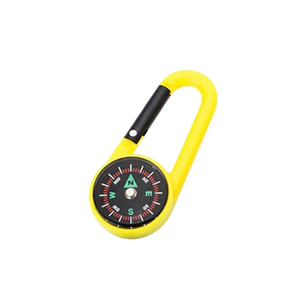 Mini FanzyMarket compass carabiner keychain for camping and hiking, with a durable outdoor backpack buckle and survival tool design.