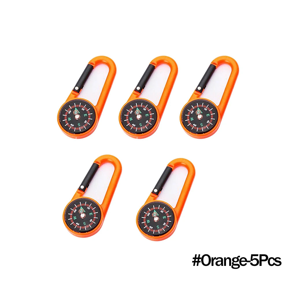 Mini FanzyMarket compass carabiner keychain with survival tool, ideal for camping, hiking, and outdoor backpacking adventures.