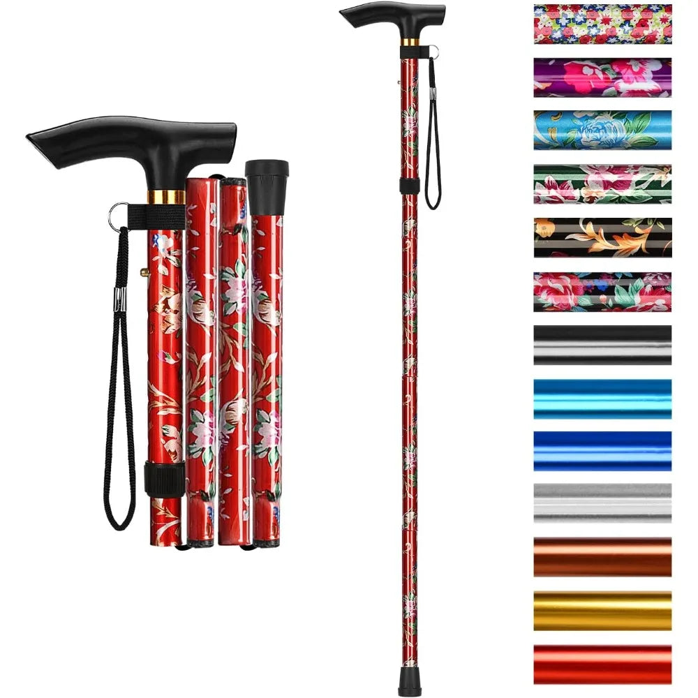 FanzyMarket adjustable foldable aluminum walking cane with T-handle, black, telescoping from 32 to 36 inches, suitable for hiking and outdoor use.