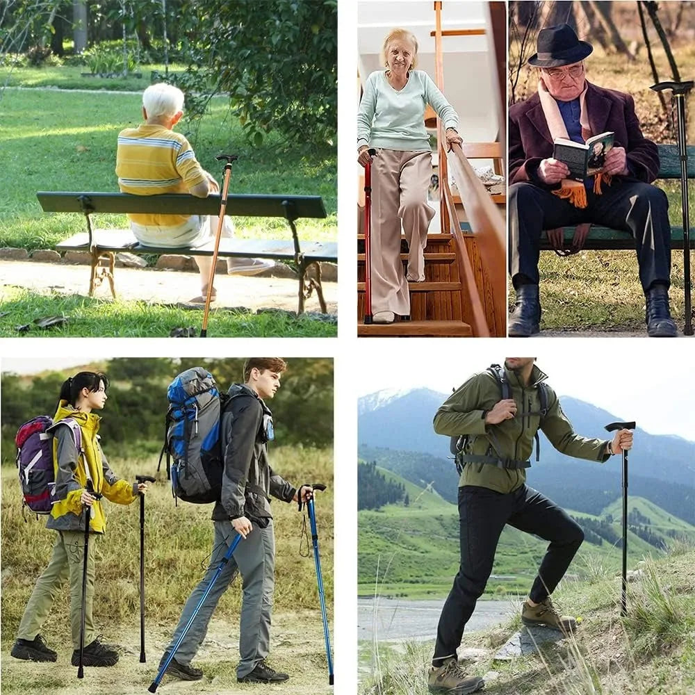FanzyMarket adjustable foldable aluminum walking cane with T-handle, black, 32-36 inches, portable hiking stick for outdoor activities.