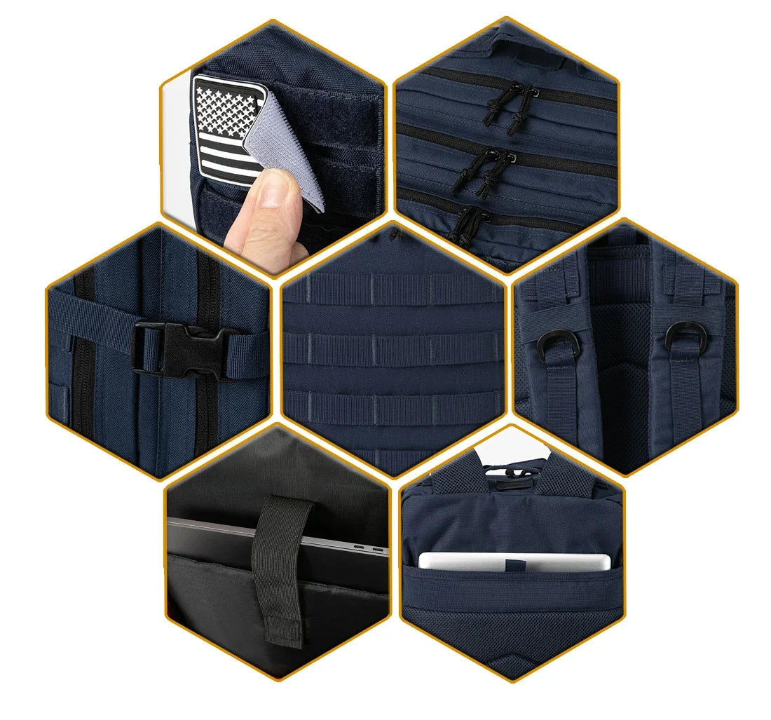 Black 45L tactical backpack by FanzyMarket with large capacity, Molle system, ideal for hiking, camping, and outdoor adventures.