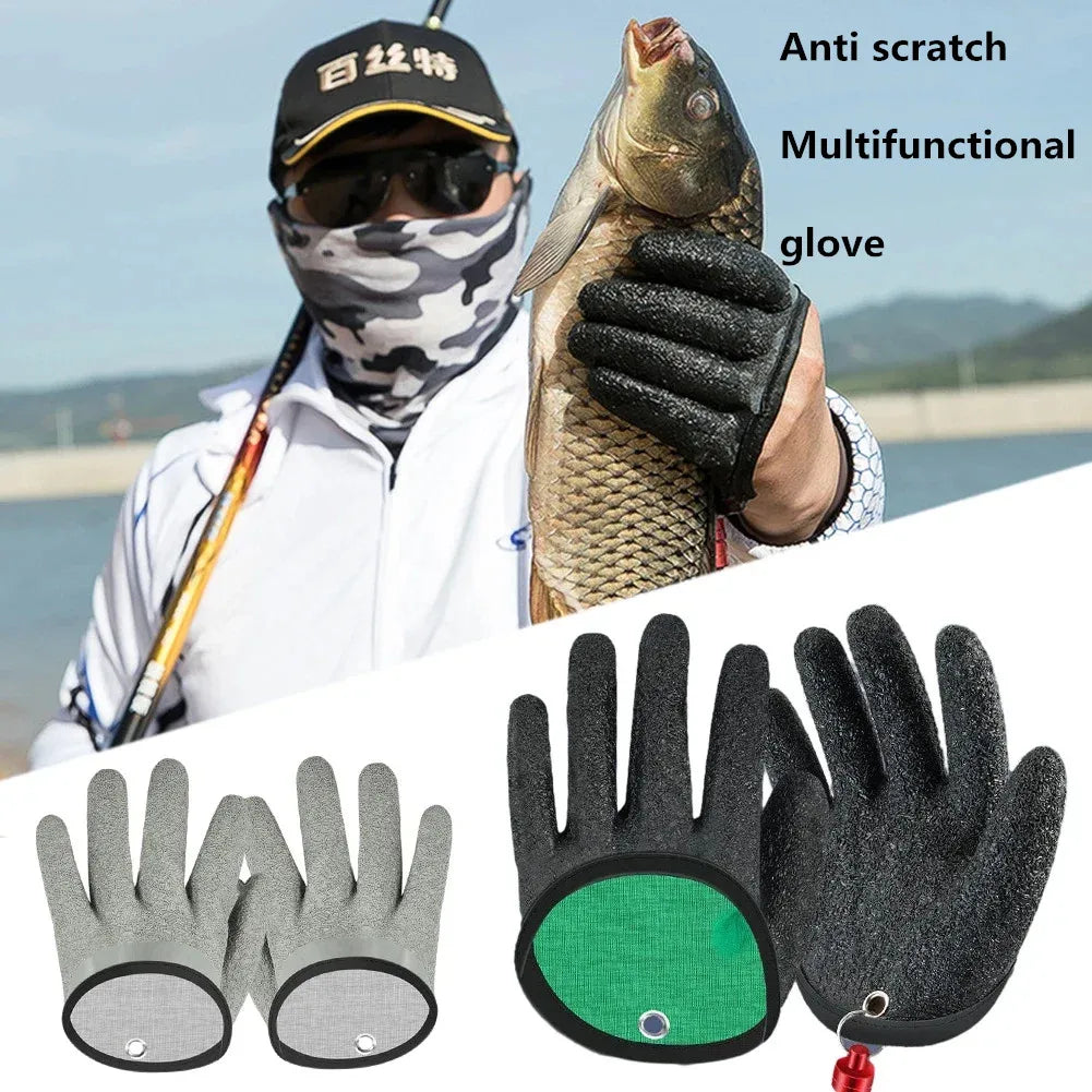 FanzyMarket waterproof anti-cut fishing glove with non-slip latex grip, full-finger design, for outdoor fishing, right hand view.