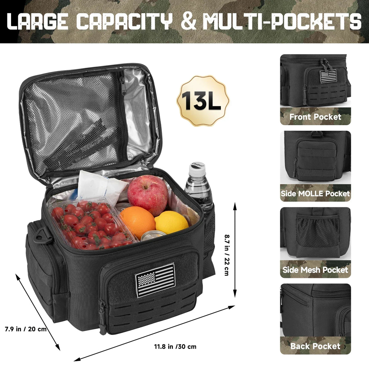 FanzyMarket 13L tactical insulated cooler bag with heavy-duty design, black outdoor picnic backpack for camping and outdoor activities.