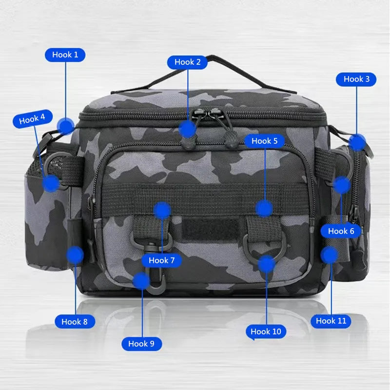 Black waterproof Oxford fishing tackle bag by FanzyMarket with shoulder strap, crossbody design, multiple pockets, and rod holder.