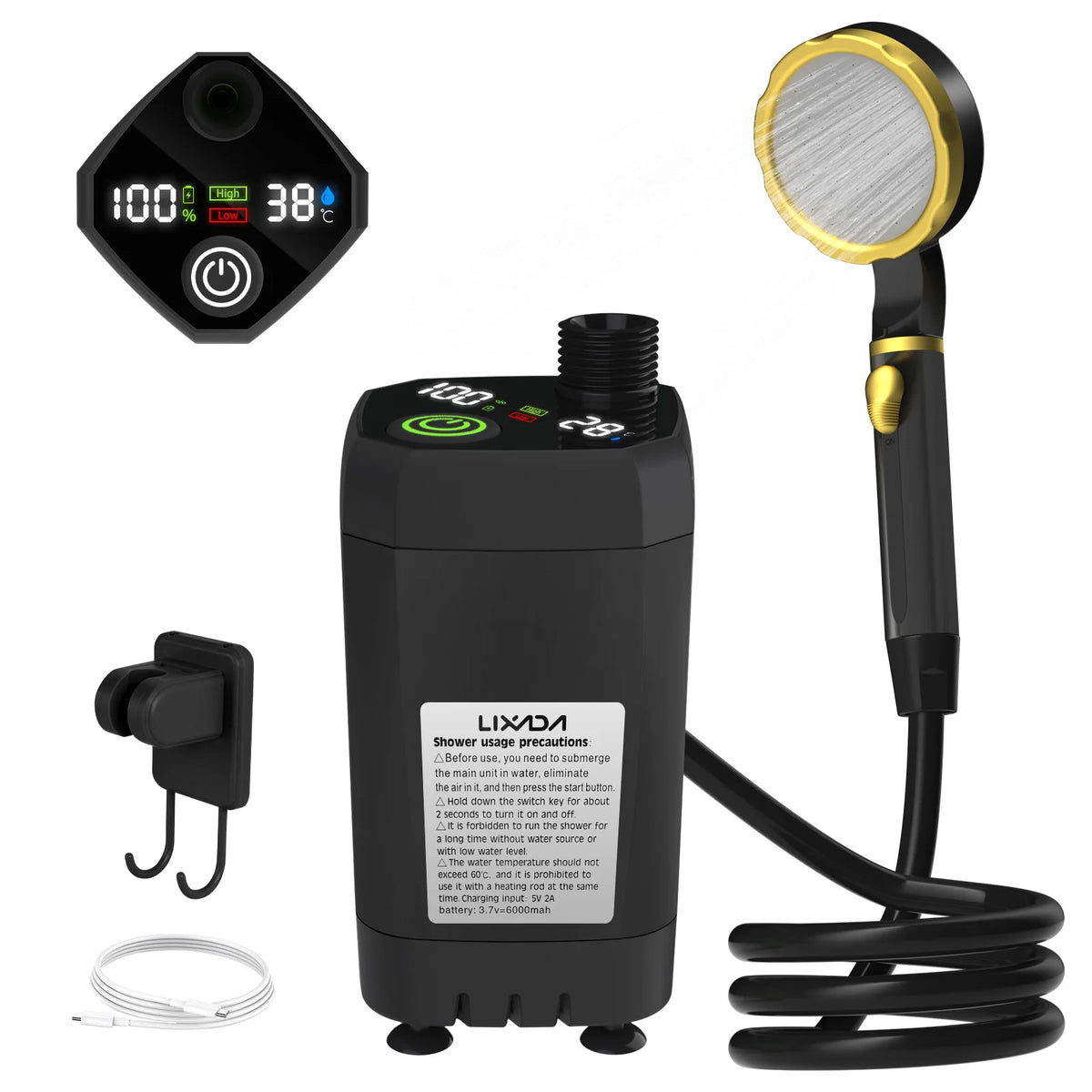 FanzyMarket 6000mAh portable camping shower pump with digital display, outdoor RV shower kit, blue compact outdoor shower equipment