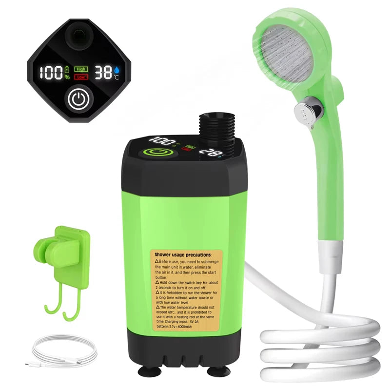 FanzyMarket portable camping shower pump with digital display, 6000mAh rechargeable battery, outdoor RV shower kit, blue color