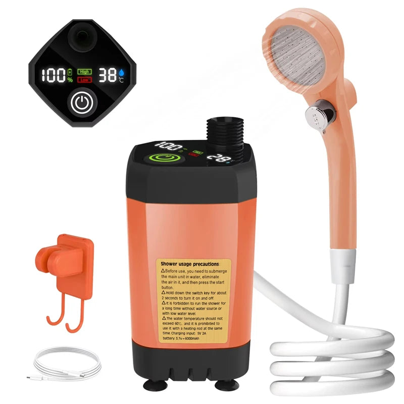 FanzyMarket portable 6000mAh camping shower pump with digital display, rechargeable RV outdoor shower kit in blue.