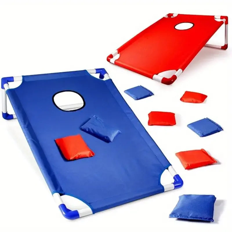 FanzyMarket portable cornhole set with foldable boards and 6 bean bags, ideal for outdoor lawn, backyard, family, and adult outdoor games.