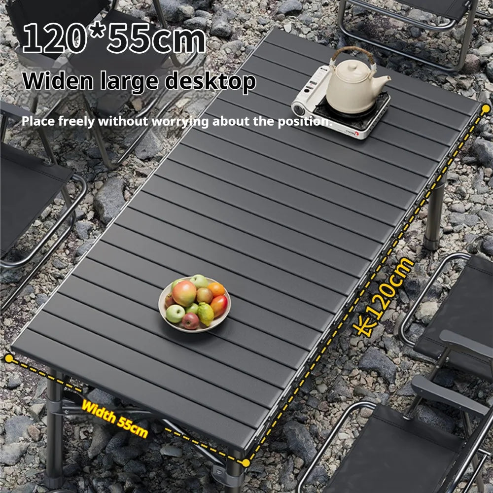 FanzyMarket portable roll-up camping table with carry bag, lightweight outdoor picnic and BBQ table in 95cm and 120cm sizes.