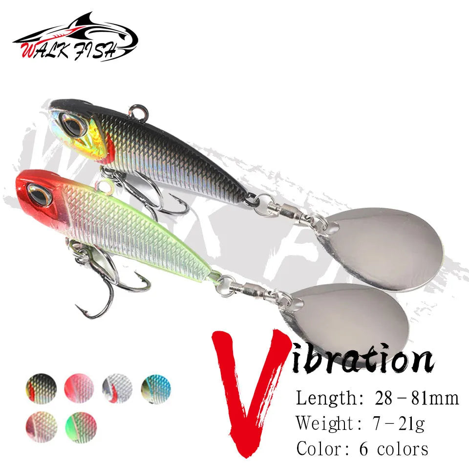FanzyMarket VIB Spinner Bait Metal Fishing Lure with rotating tail, 7g to 21g, in 11 colors, designed for outdoor fishing.