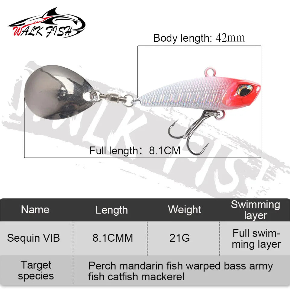 FanzyMarket VIB Spinner Bait metal fishing lure with rotating tail, available in 11 colors, 7g to 21g, for outdoor fishing.