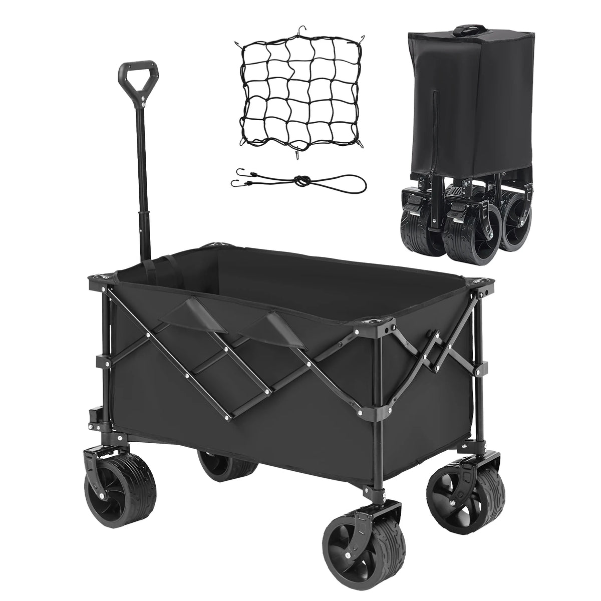 FanzyMarket collapsible folding wagon cart for outdoor use, with drink holder and storage pockets on all-terrain beach and camping terrain