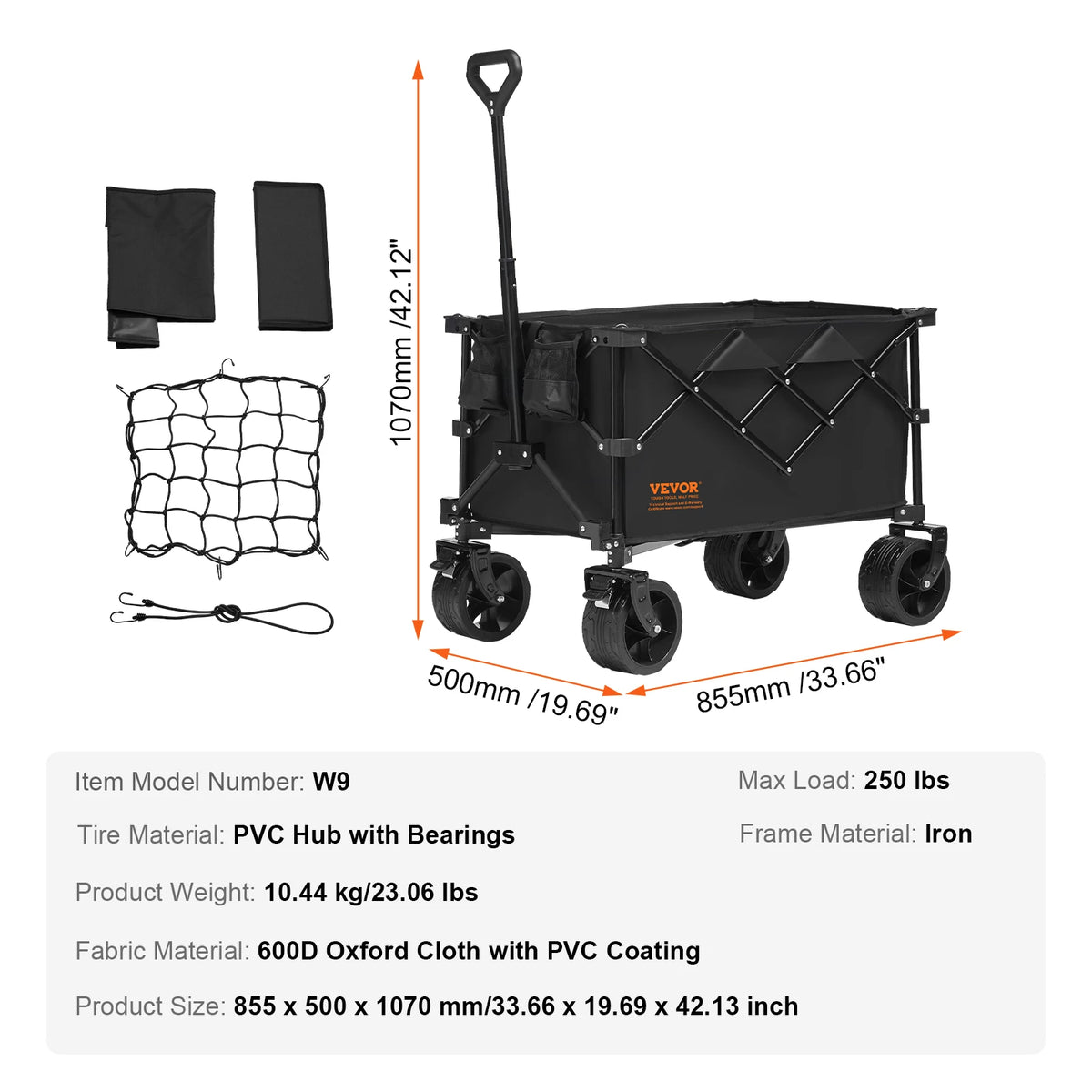 FanzyMarket collapsible folding wagon cart for camping and beach, with drink holder and storage pockets, all-terrain outdoor utility cart.