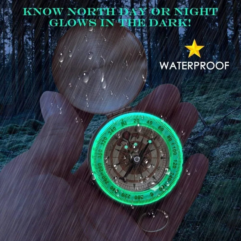 FanzyMarket copper pocket compass with glow-in-the-dark navigation, waterproof design, 2x2 inch size, includes lanyard for outdoor use.