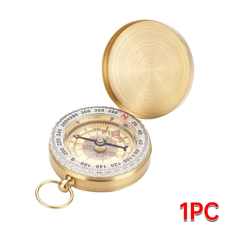 FanzyMarket copper pocket compass with glow-in-the-dark dial, waterproof design, 2x2 inch size, attached lanyard for outdoor navigation.