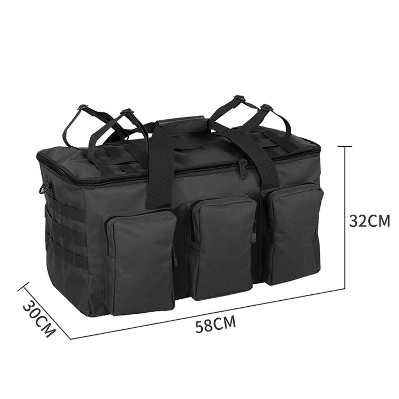 FanzyMarket 55L tactical duffel backpack with MOLLE webbing, convertible design for camping, travel, gym, and outdoor activities.