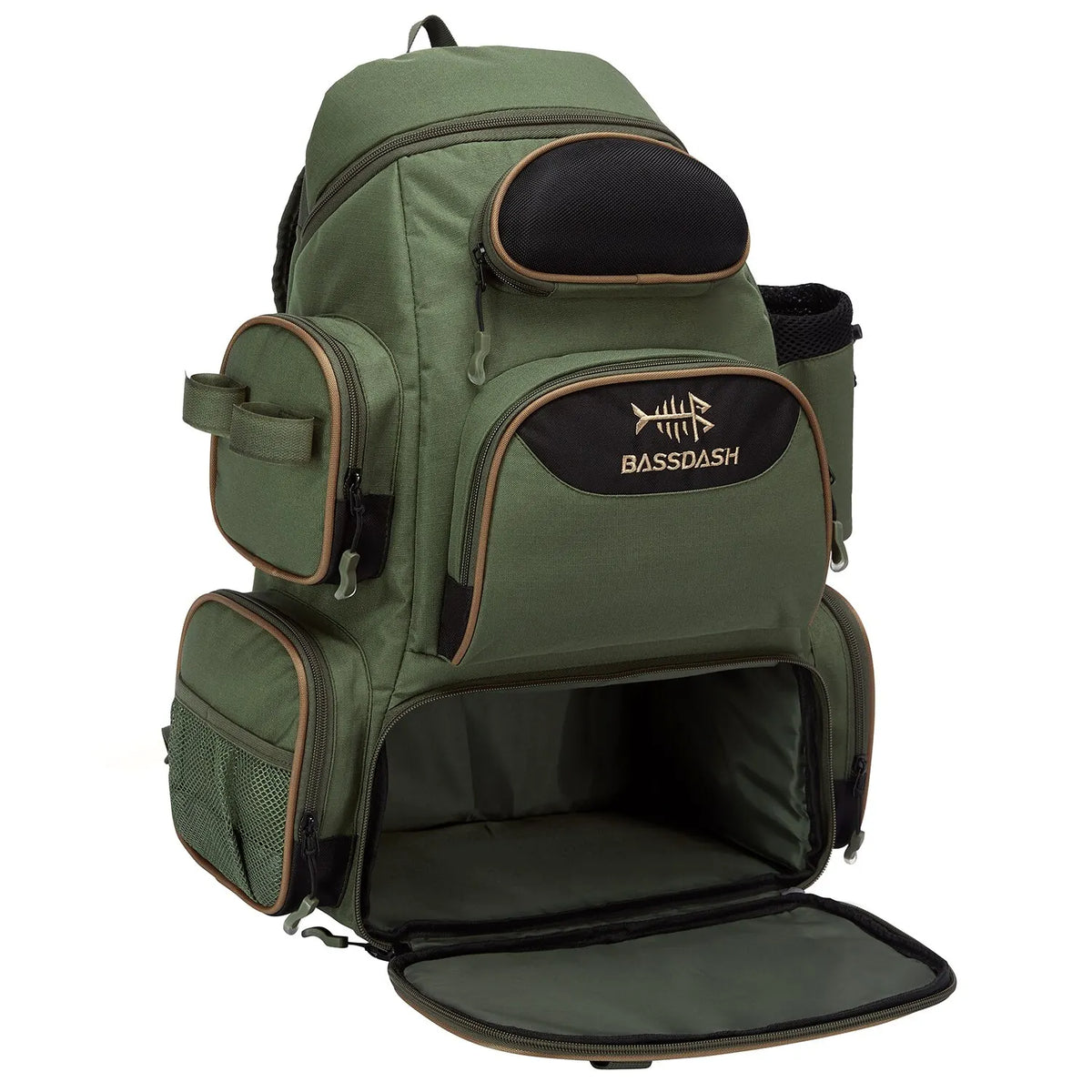 Green lightweight tactical fishing tackle backpack with MOLLE, rod holders, rain cover, and multiple compartments for outdoor fishing.
