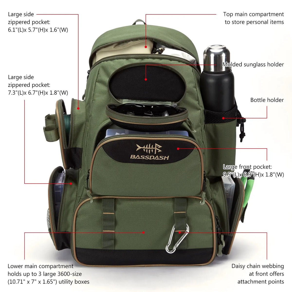 Green lightweight tactical fishing tackle backpack with MOLLE, rod holders, rain cover, and multiple storage compartments.