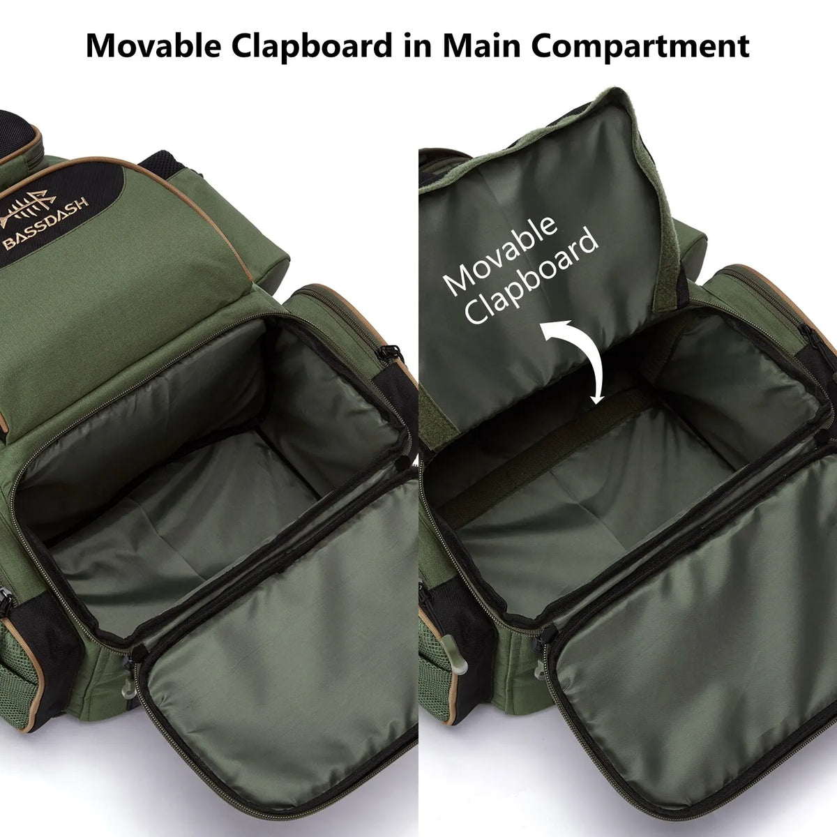 Green lightweight tactical fishing tackle backpack with MOLLE, rod holders, rain cover, designed for outdoor fishing activities.