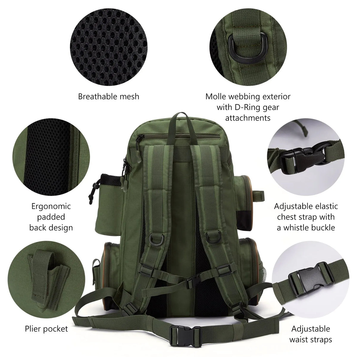 Green lightweight tactical fishing tackle backpack by FanzyMarket with MOLLE, rod holders, rain cover, and multiple compartments.