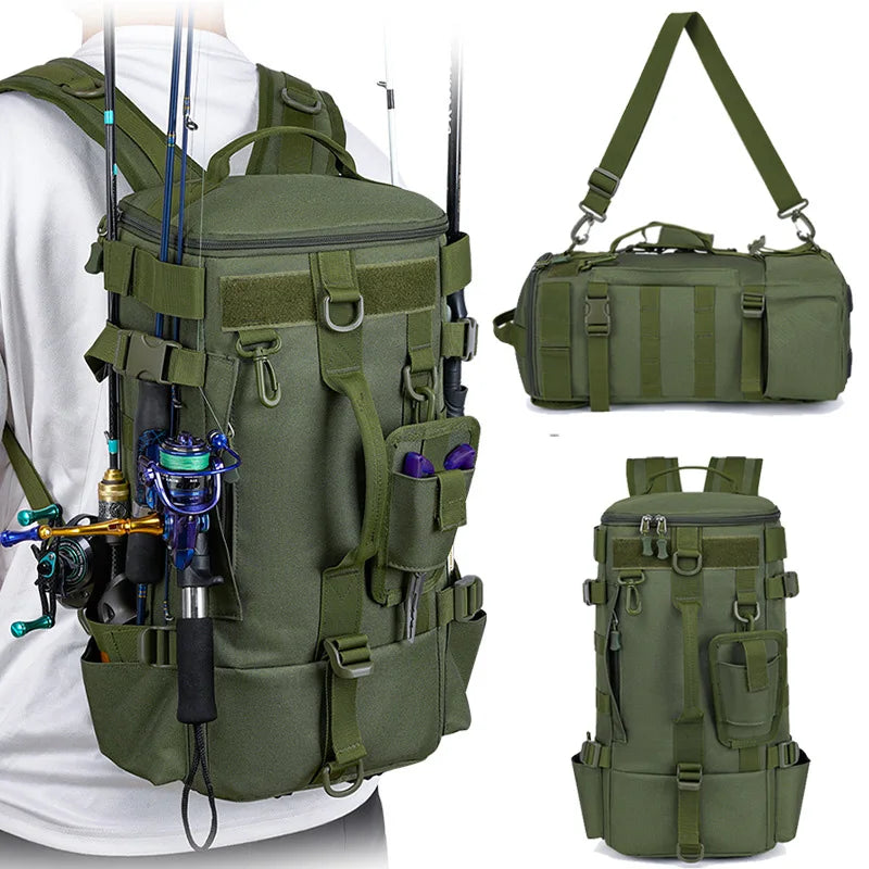 Green tactical fishing backpack with rod holders, waterproof MOLLE design, ideal for camping, hiking, and outdoor fishing adventures.