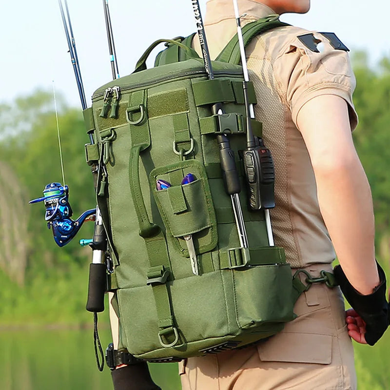 Green FanzyMarket tactical fishing backpack with rod holders, waterproof MOLLE design, ideal for camping, hiking, and outdoor fishing.