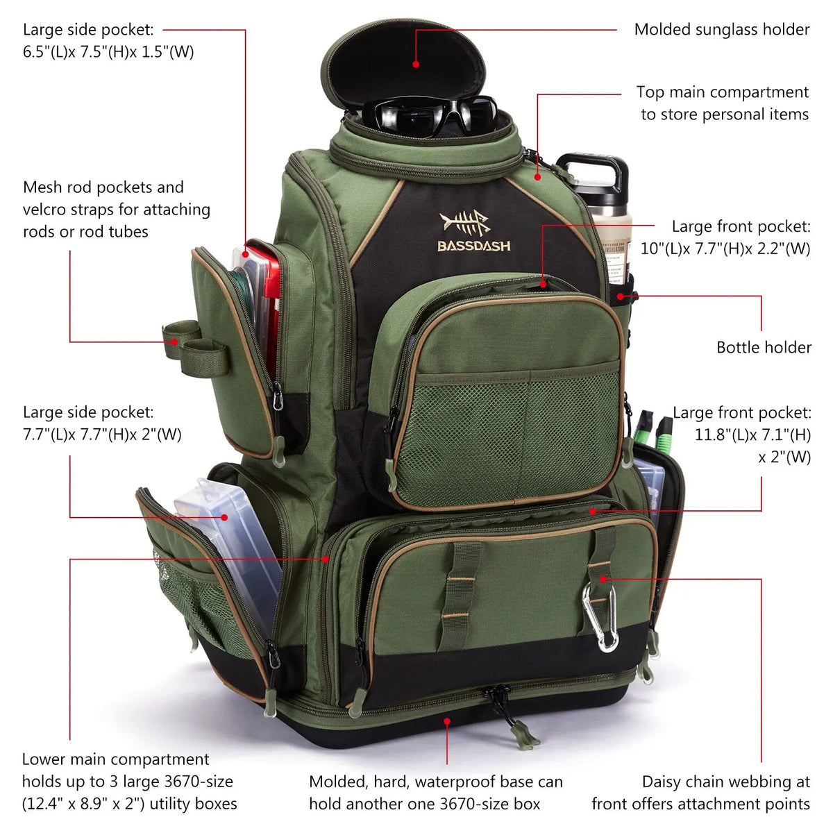 FanzyMarket lightweight tactical fishing tackle backpack in khaki with soft tackle box and rain cover, designed for outdoor fishing.