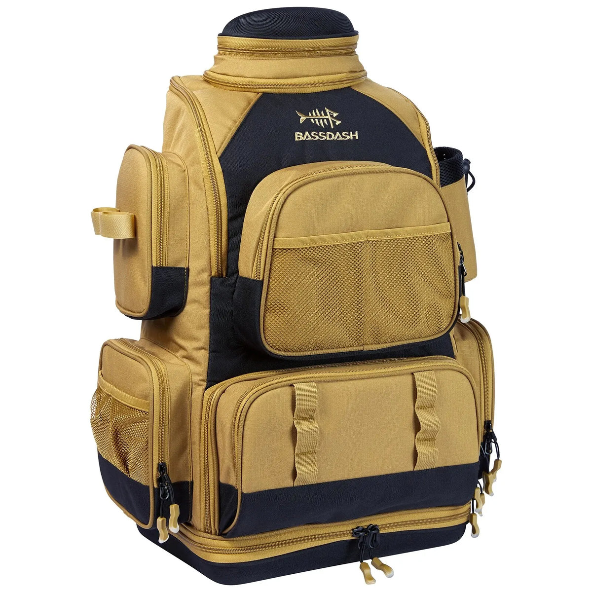 FanzyMarket lightweight tactical fishing tackle backpack in khaki with soft tackle box and rain cover for outdoor fishing adventures.