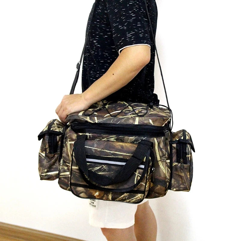 FanzyMarket waterproof fishing tackle bag in khaki, large capacity nylon two-layer design with adjustable shoulder strap.