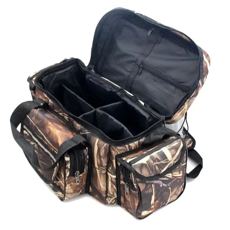 FanzyMarket waterproof fishing tackle bag with large capacity, nylon two-layer design, khaki color, suitable for outdoor fishing trips.