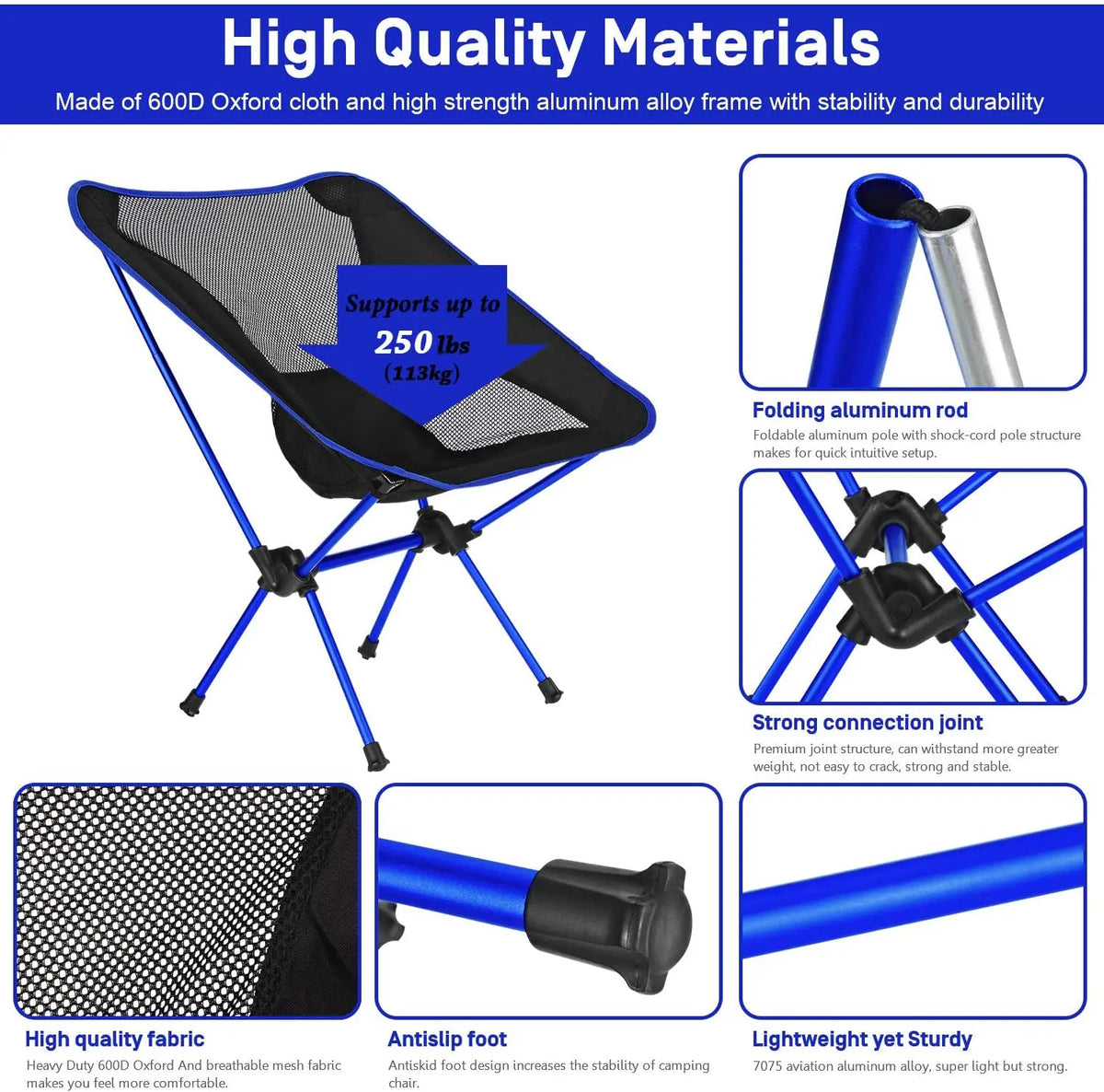 FanzyMarket ultralight aluminum folding camping chair in light blue, portable, detachable, supports up to 350 lb, ideal for outdoor activities.