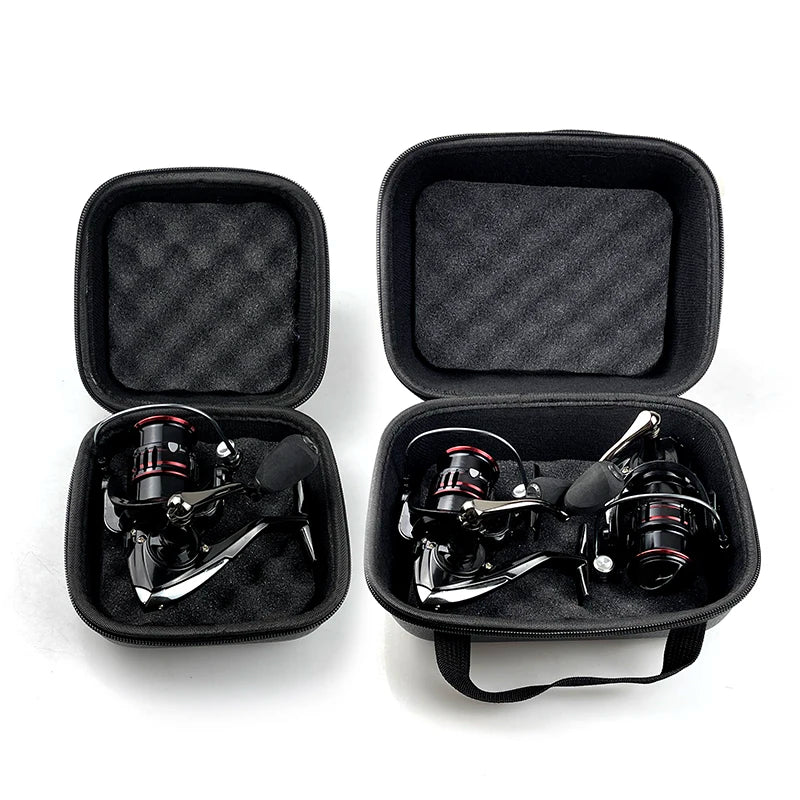 FanzyMarket waterproof shockproof PU case for spinning reels, compact fishing reel storage bag fits 1-2 reels in sizes S, M, L.
