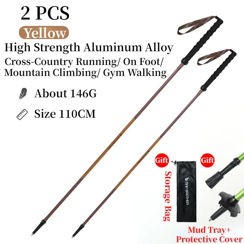 Pair of FanzyMarket foldable trekking poles with purple 4-section design, adjustable 110-120cm, aluminum construction, EVA grips, tungsten tips.