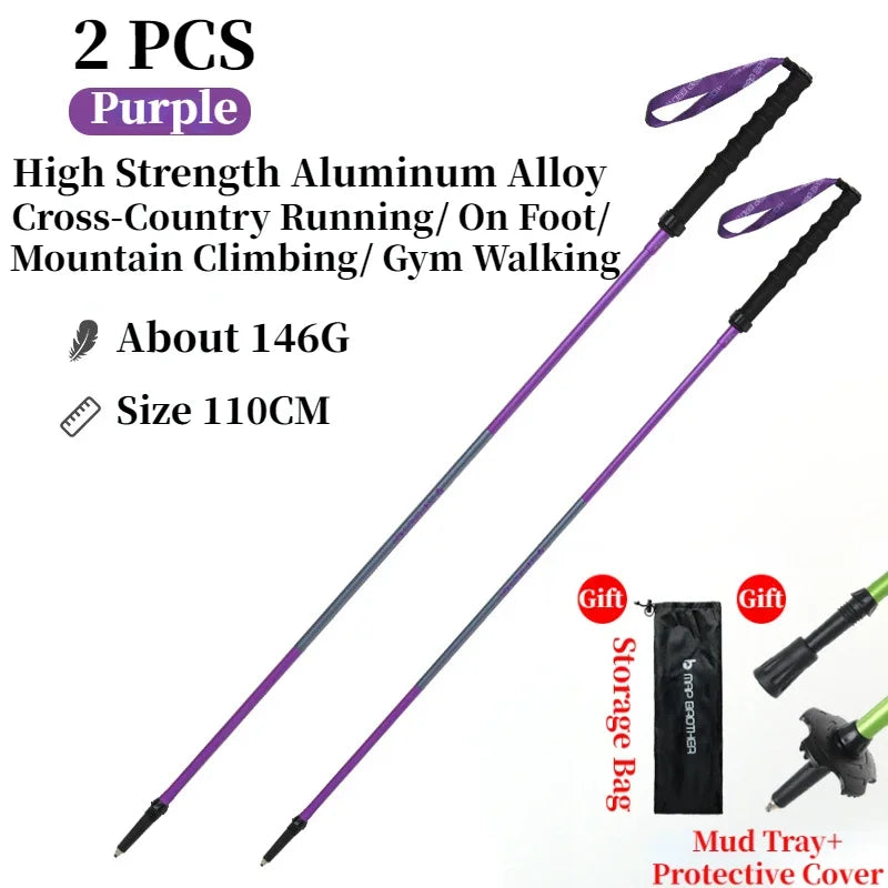 Pair of FanzyMarket foldable trekking poles with purple aluminum shafts, EVA grips, tungsten-cobalt tips, adjustable 110-120cm, 4-section design.