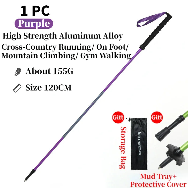Pair of FanzyMarket foldable trekking poles with purple 4-section aluminum construction, EVA grips, tungsten-cobalt tips, adjustable 110-120 cm