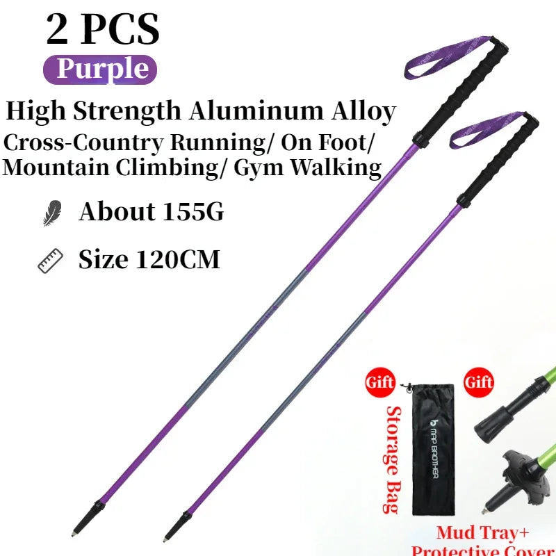 FanzyMarket foldable trekking poles pair with 7075 aluminum, EVA grips, tungsten-cobalt tips, adjustable 110-120cm, purple color.