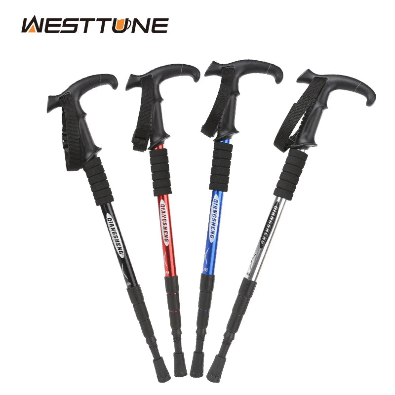 FanzyMarket lightweight aluminum folding trekking pole with T-handle, adjustable 21-43 inches, suitable for camping and outdoor hiking.
