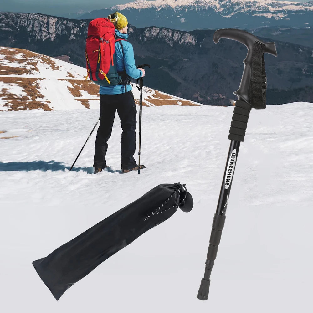 FanzyMarket lightweight aluminum folding trekking pole with T-handle, adjustable 21-43 inches, ideal for camping and outdoor hiking.