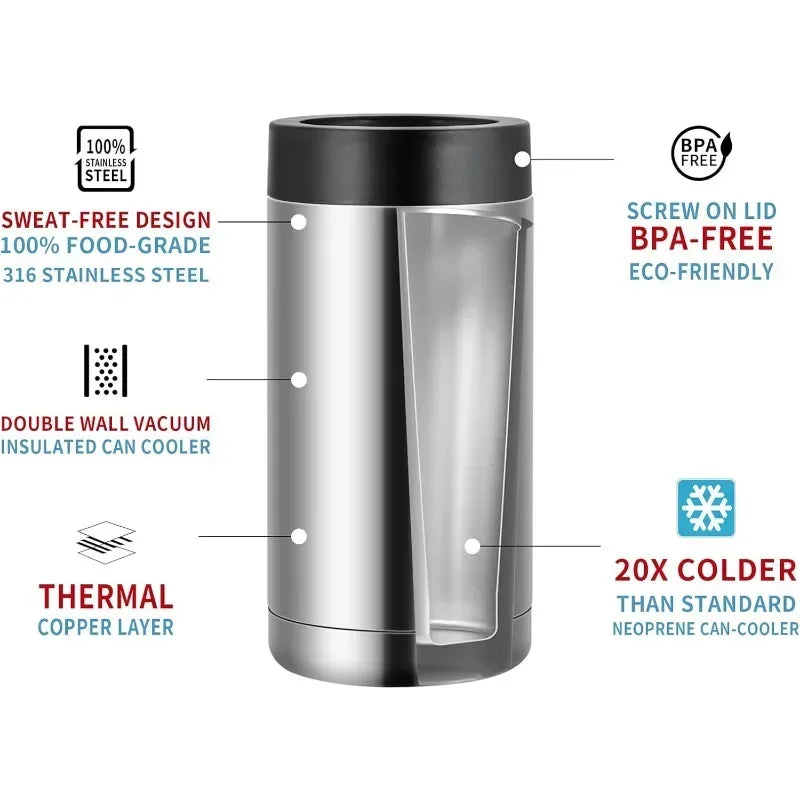 FanzyMarket double-wall stainless steel bottle and can cooler for wine, beer, and soda, ideal for camping and outdoor activities.