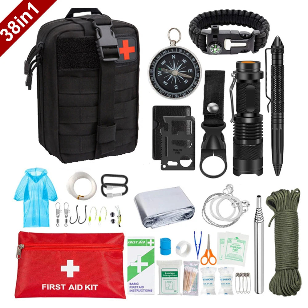 FanzyMarket 38-in-1 tactical survival first aid kit in Molle pouch, with medical supplies for camping, hiking, and outdoor emergencies.