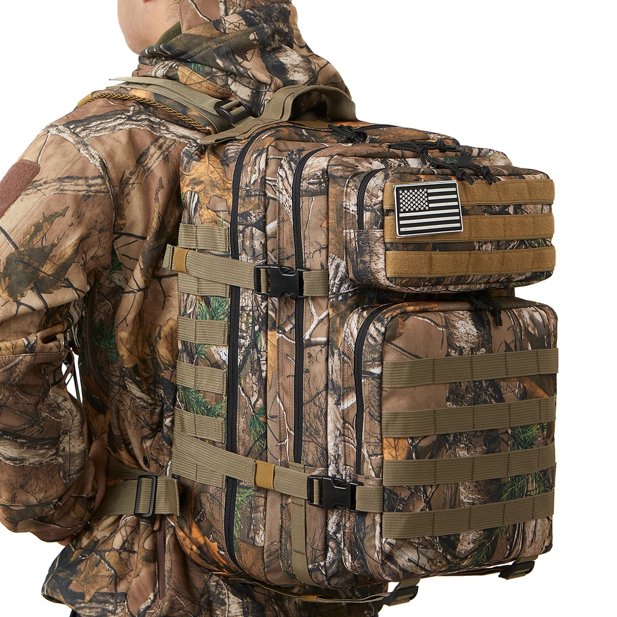 FanzyMarket 45L tactical backpack with tree camo pattern, ideal for outdoor hiking, camping, trekking, and gym use for men and women.