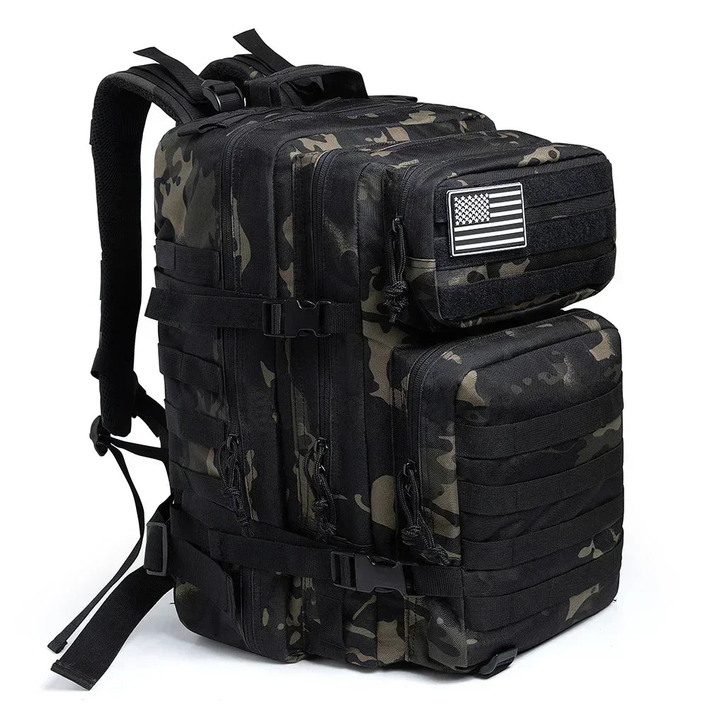 FanzyMarket 45L camouflage tactical backpack for outdoor hiking, camping, trekking, and gym use, suitable for men and women.