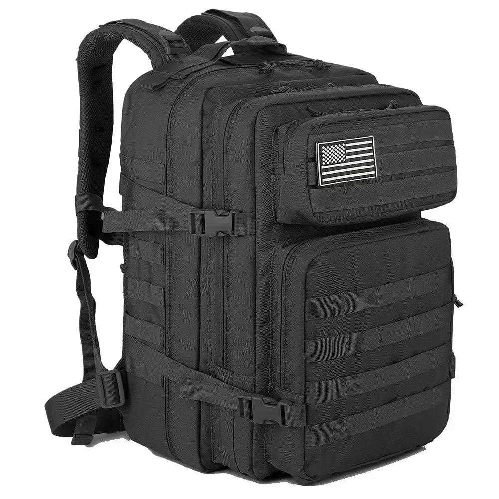 FanzyMarket 45L camouflage tactical backpack for outdoor hiking, camping, trekking, and gym use, suitable for men and women.